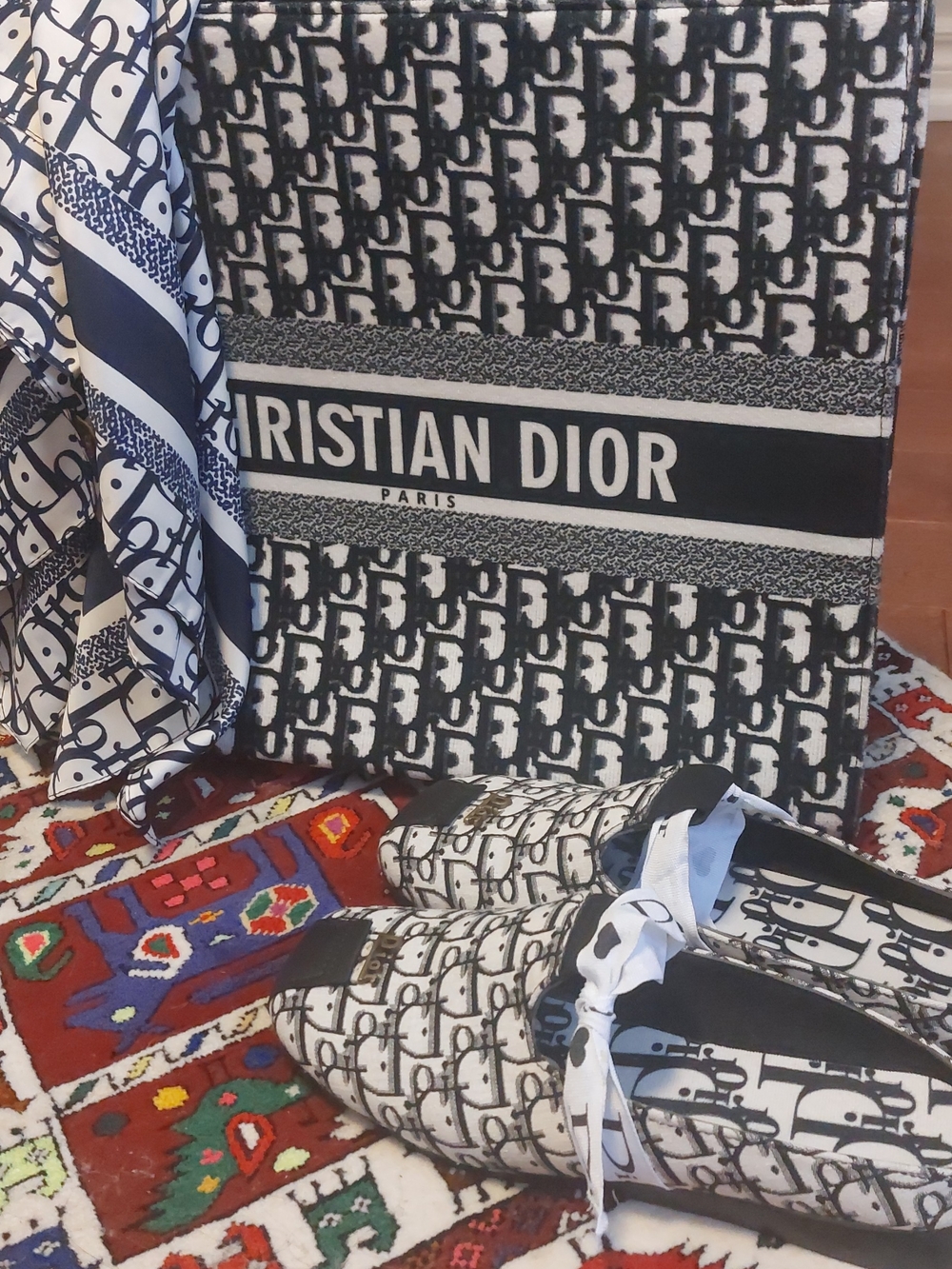 Dior Black & White Monogram Tote with Matching Scarf